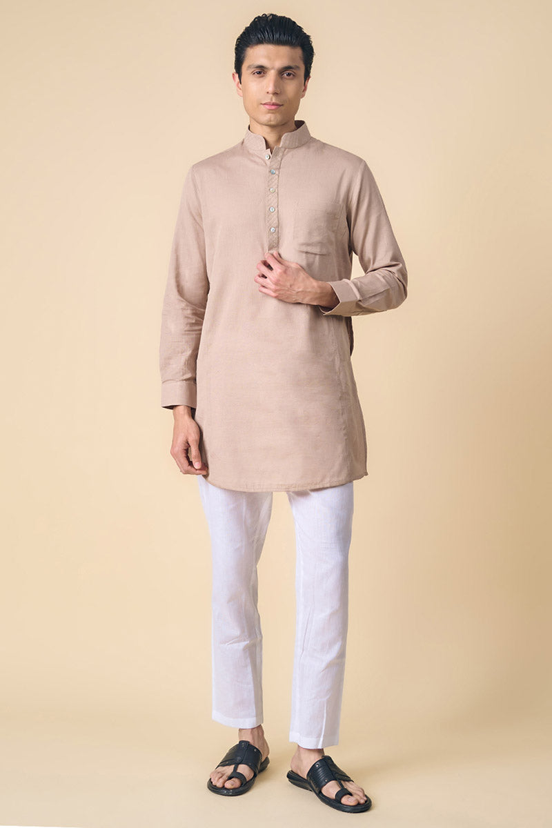 Beige Kurta With Textured Collar