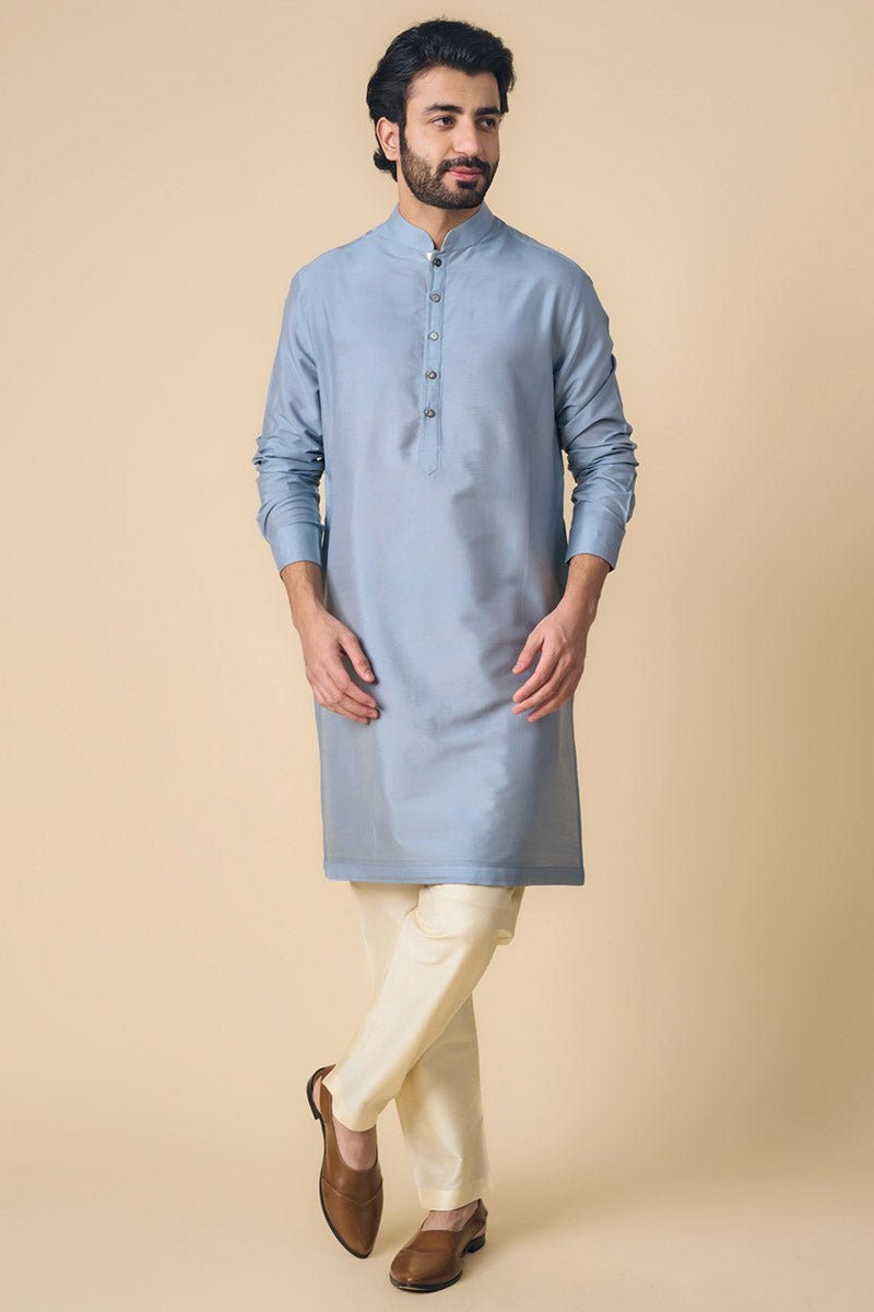 Light Blue Kurta With Contrast Edge Detailing