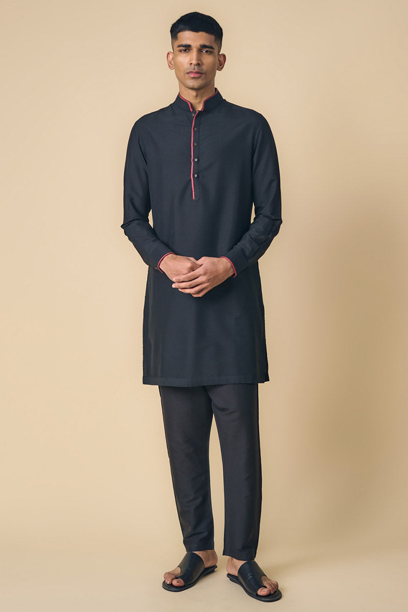 Black Kurta With Contract Edging on Band Collar