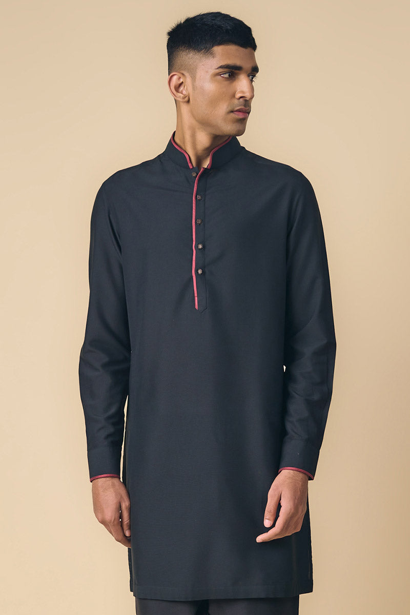 Black Kurta With Contract Edging on Band Collar