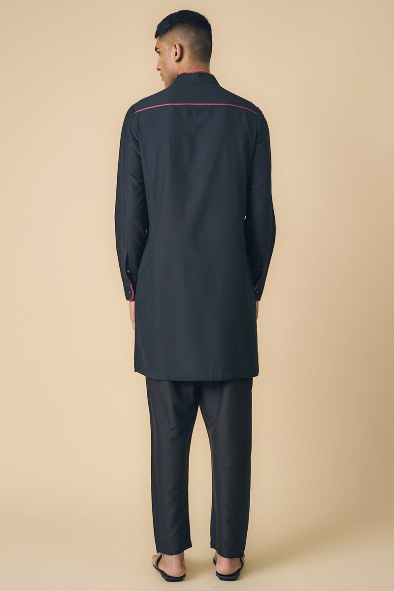 Black Kurta With Contract Edging on Band Collar