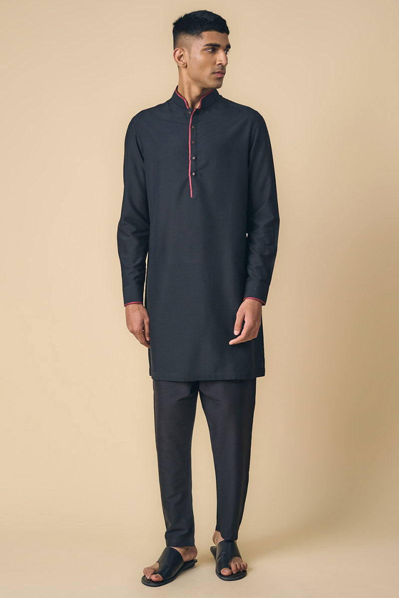 Black Kurta With Contract Edging on Band Collar