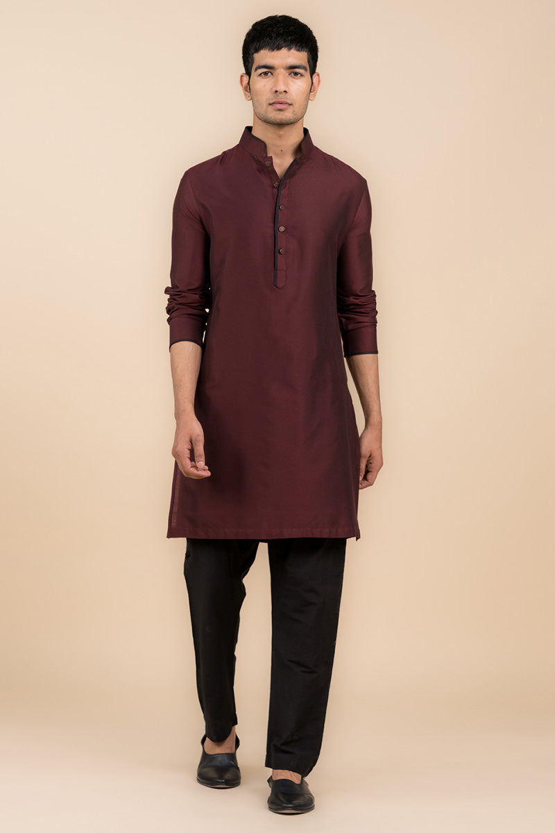 Wine Band Collar Kurta In Contrast Detailing