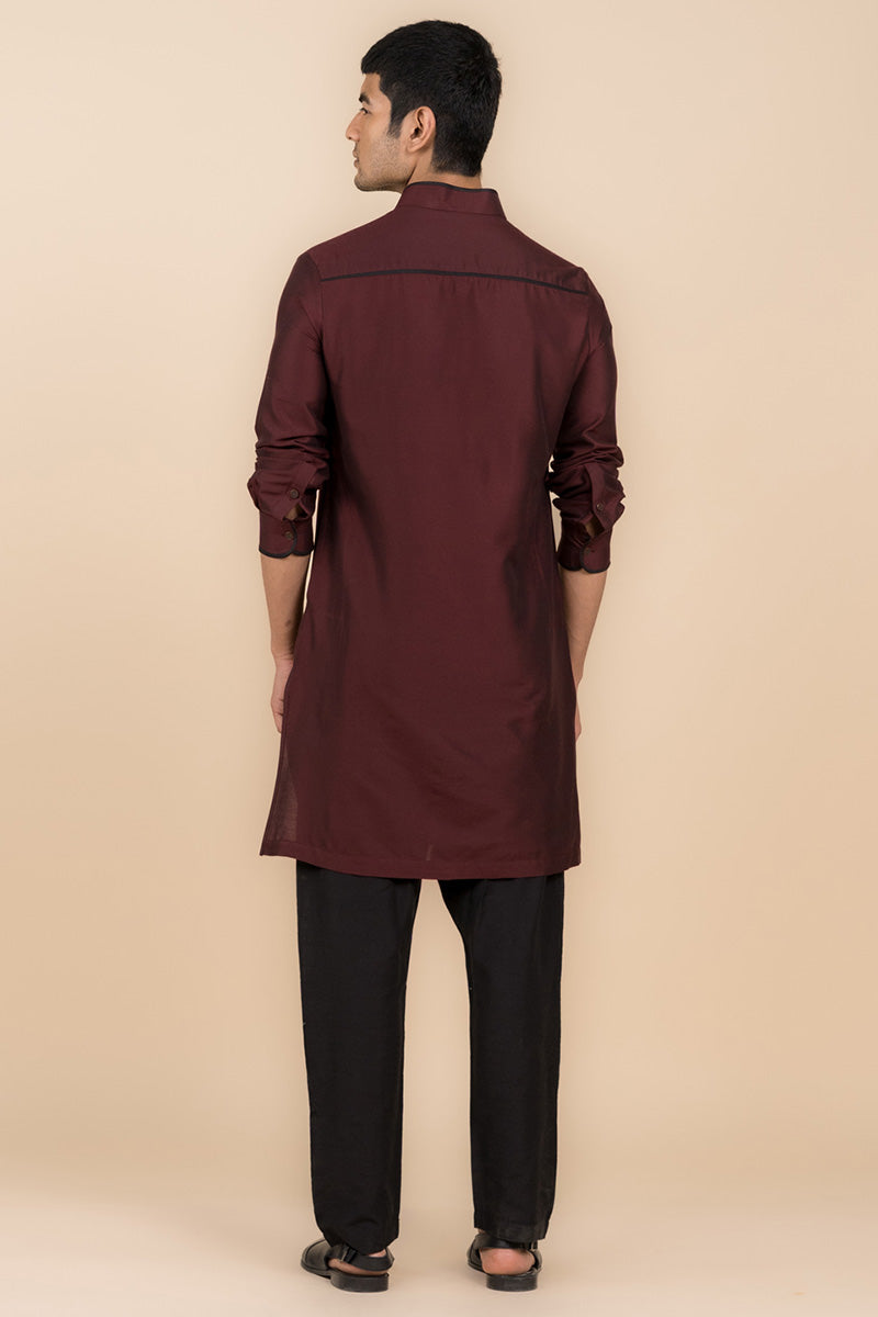 Wine Band Collar Kurta In Contrast Detailing