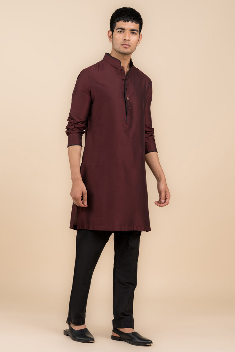 Wine Band Collar Kurta In Contrast Detailing