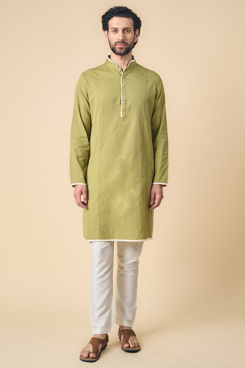 Olive Kurta With Contrast Edge Detailing