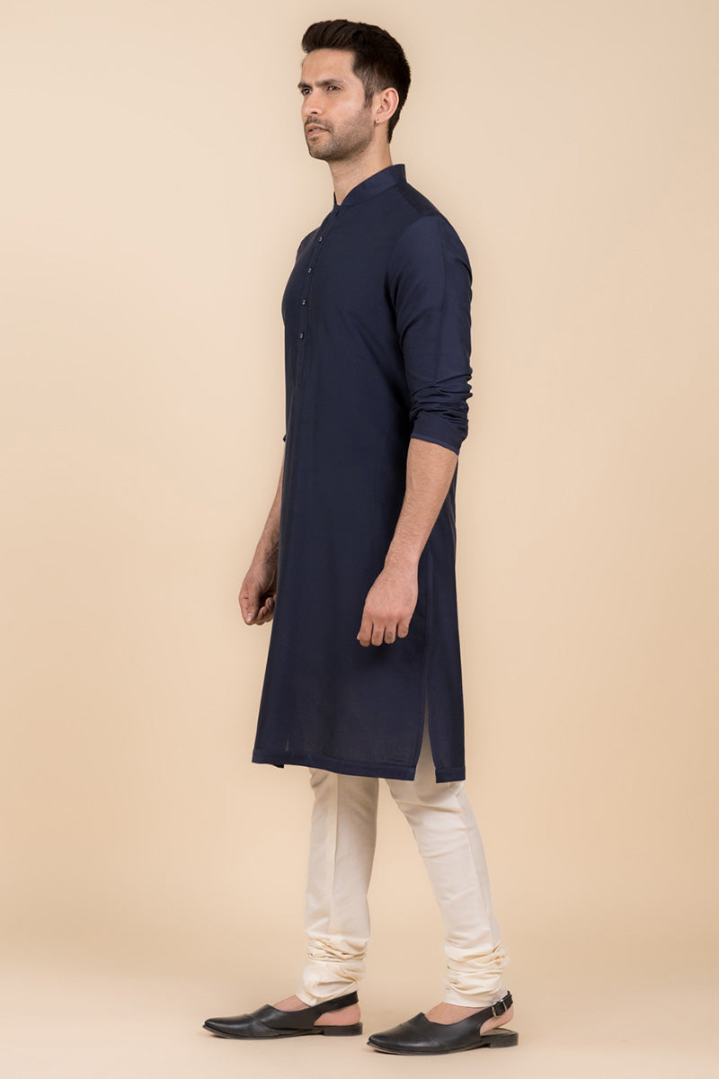 Navy Single Kurta With Zero Point Collar