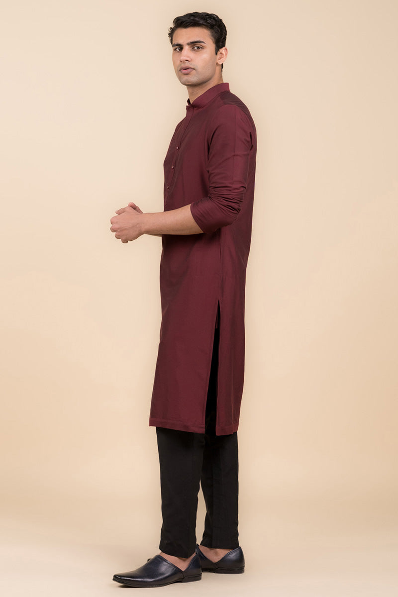 Wine Single Kurta With Zero Point Collar