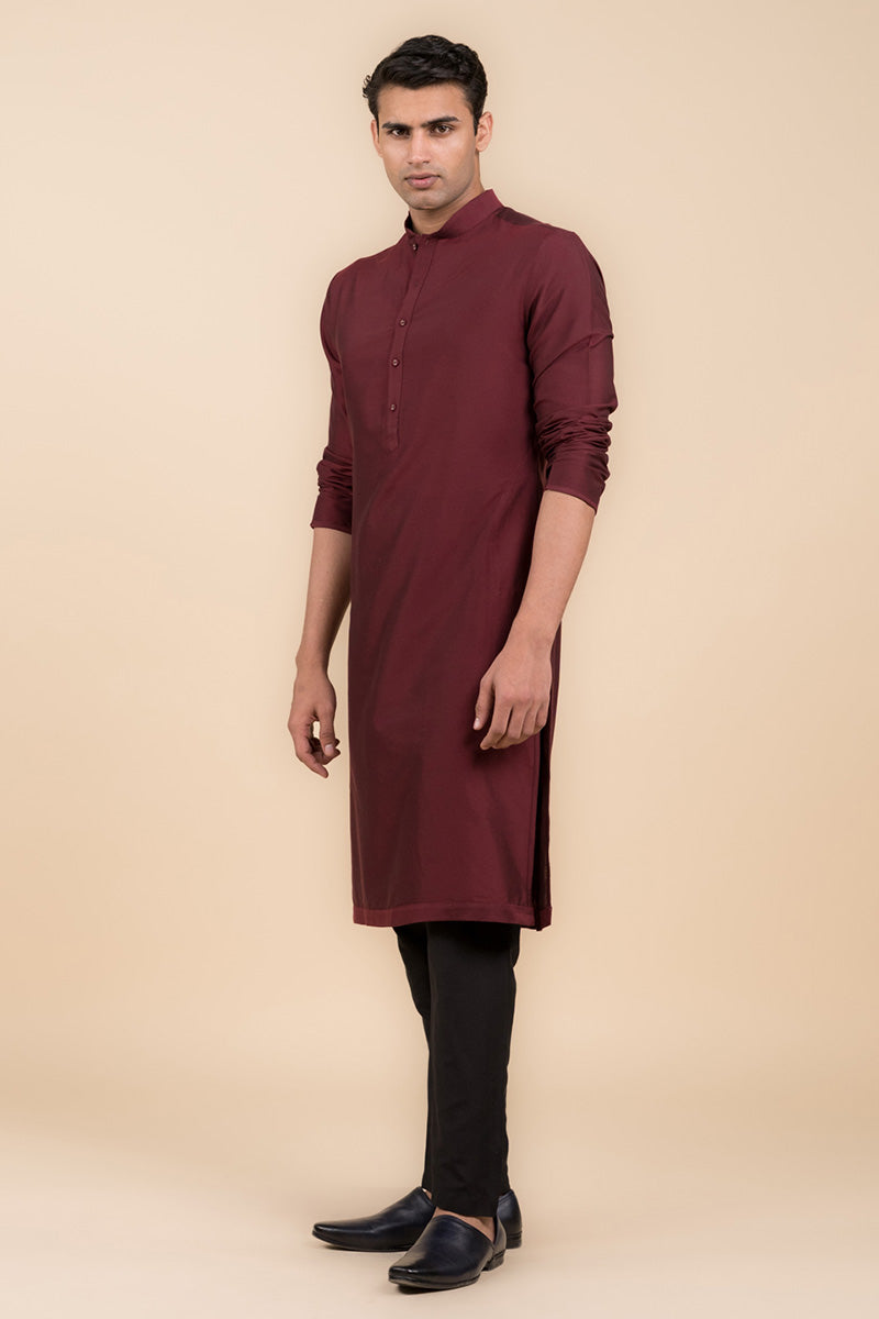 Wine Single Kurta With Zero Point Collar