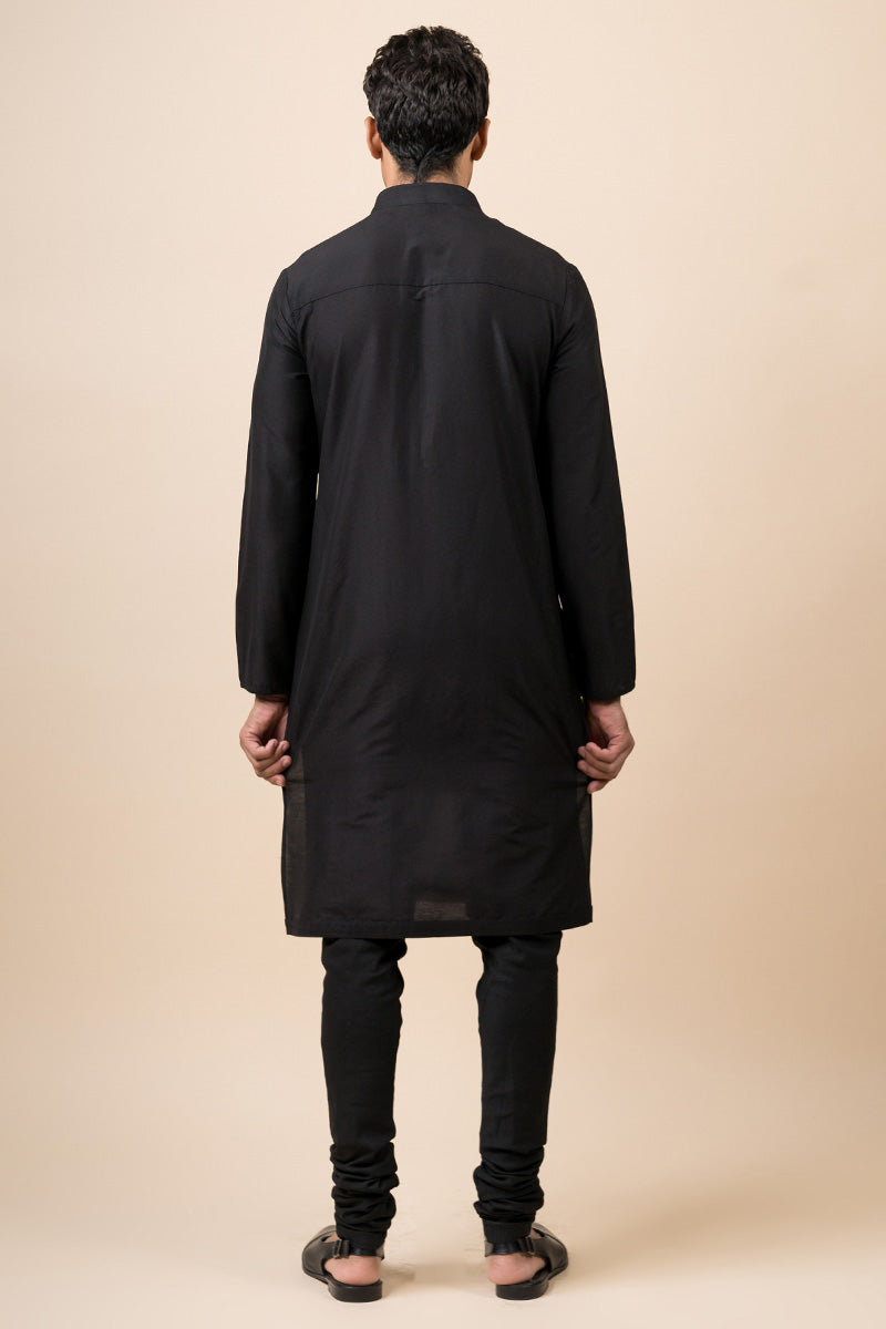 Black Single Kurta With Zero Point Collar