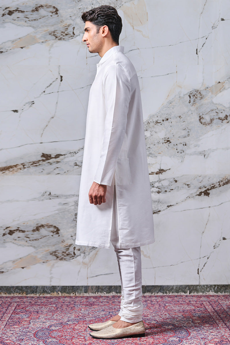 White Single Kurta With Zero Point Collar