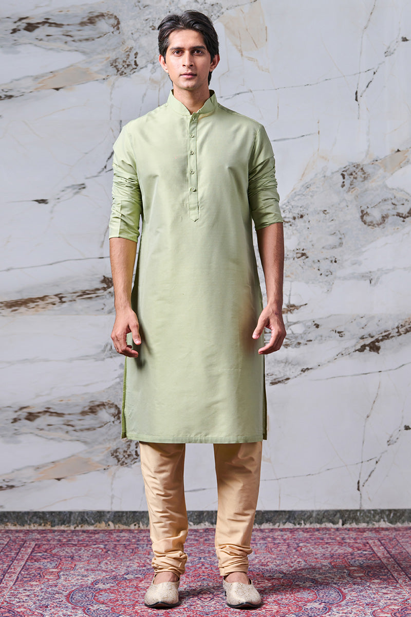 Light Green Single Kurta With Zero Point Collar