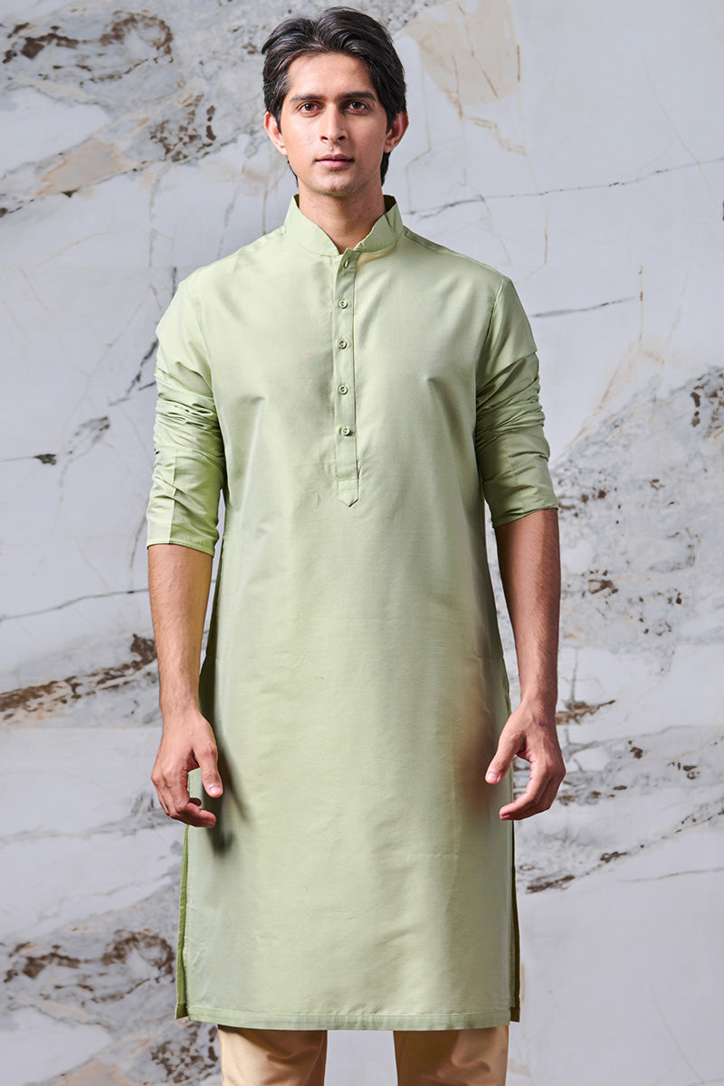 Light Green Single Kurta With Zero Point Collar