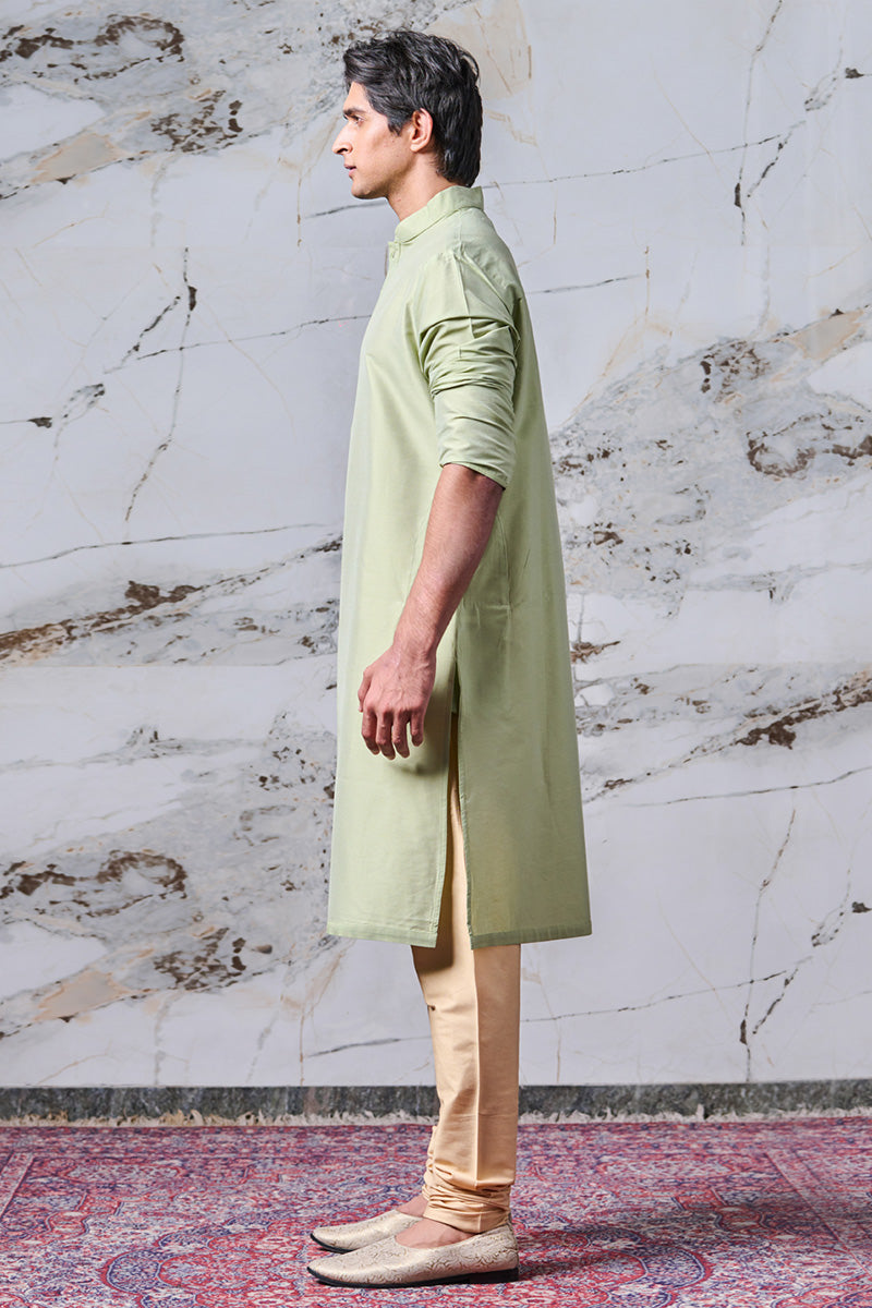 Light Green Single Kurta With Zero Point Collar