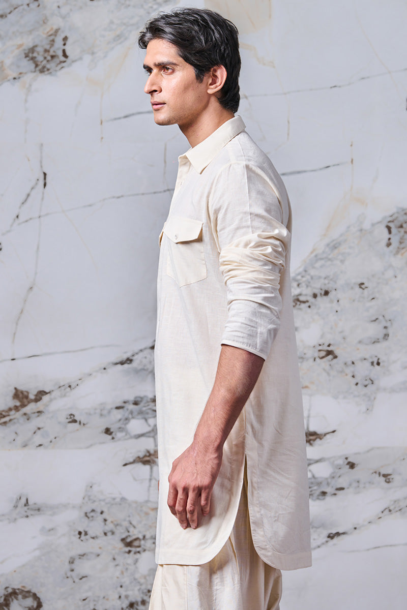 Ivory Kurta With Collar And Pocket Detailing