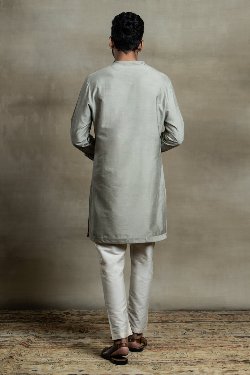 Light Grey Extended Collar Kurta With Jaali Detailing