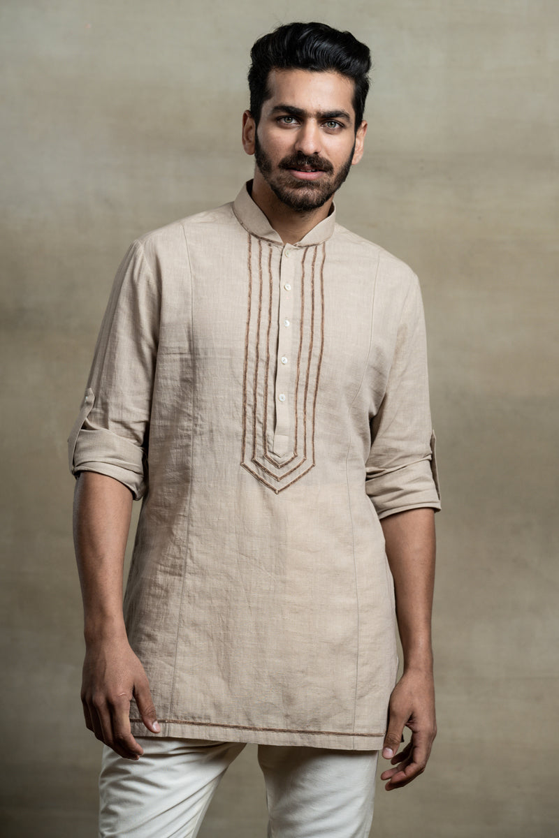 Beige Kurta With Velvet Tape Detailing