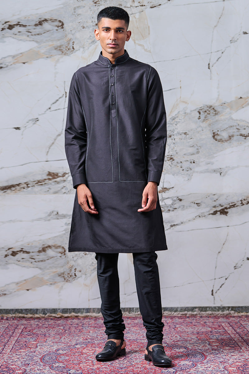 Black Kurta With Shadow Bundi Stitch Detailing