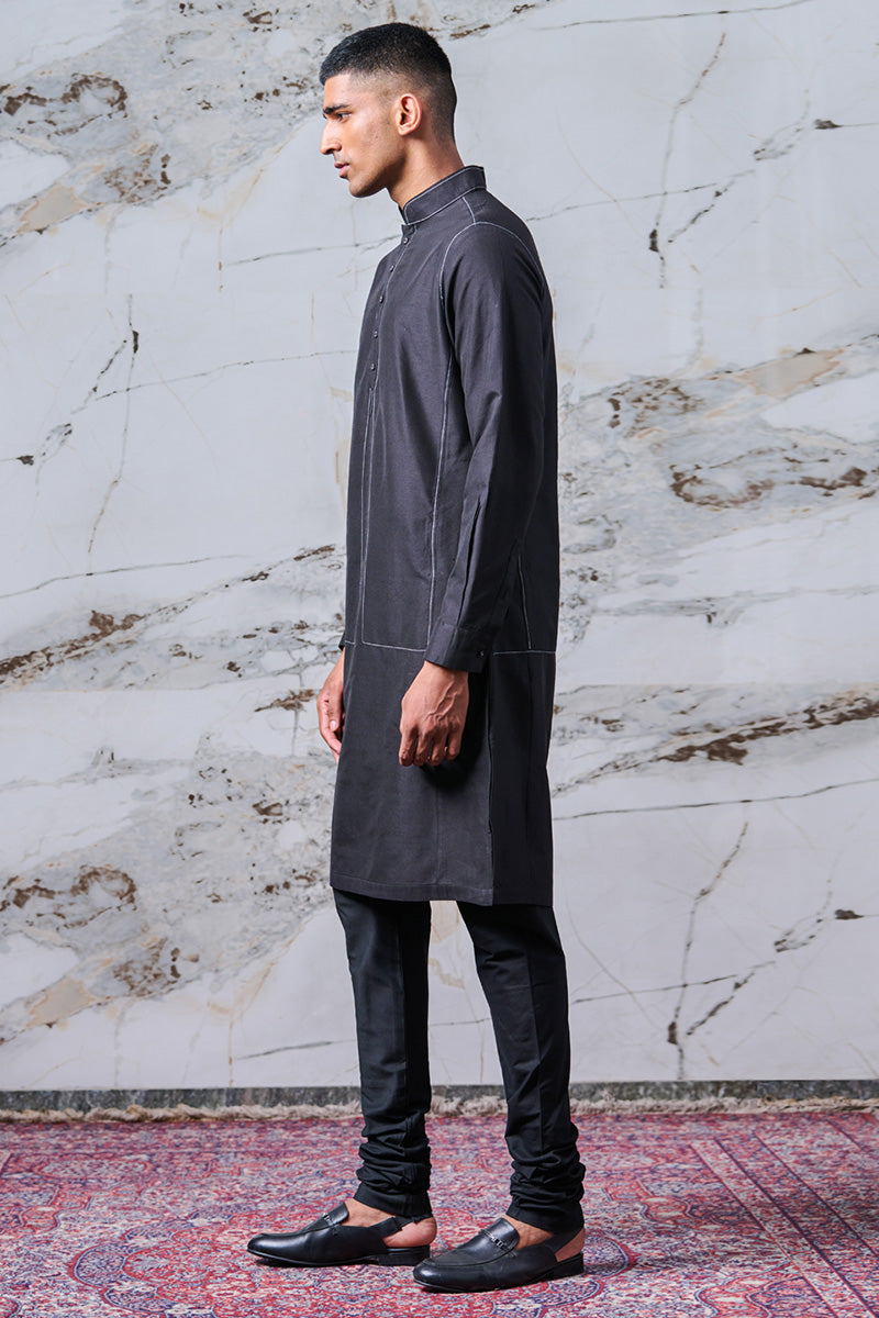 Black Kurta With Shadow Bundi Stitch Detailing