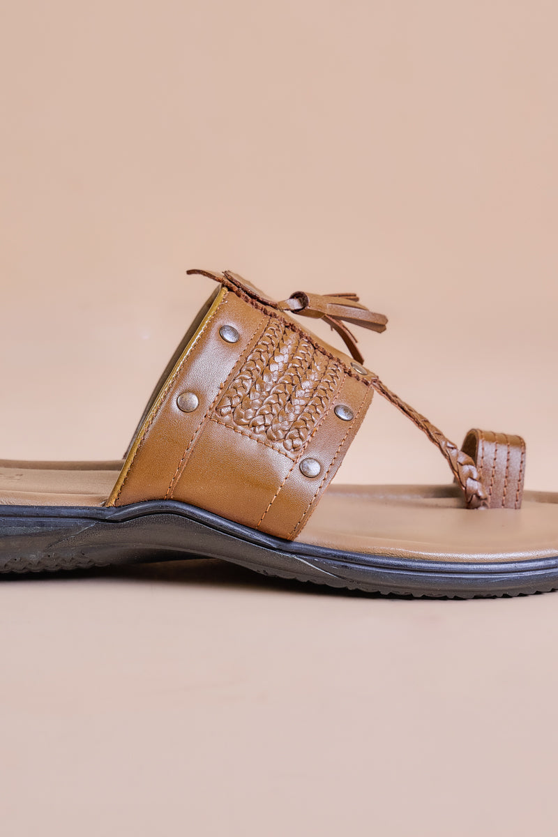 Tan Toe Loop Studded Leather Chappal