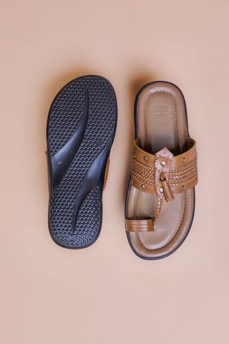 Tan Toe Loop Studded Leather Chappal