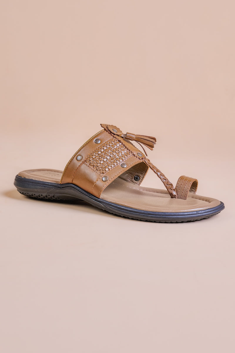 Tan Toe Loop Studded Leather Chappal