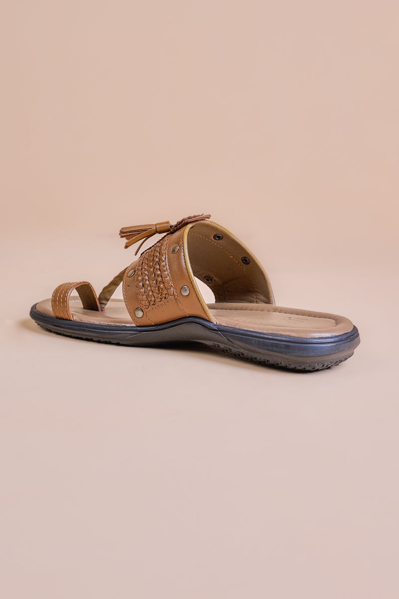 Tan Toe Loop Studded Leather Chappal