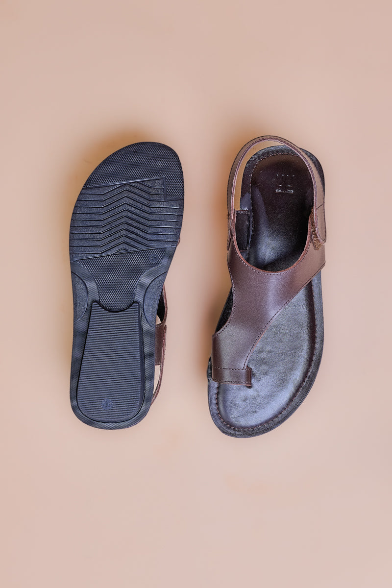 Chocolate Leather Chappal With Velcro Closure