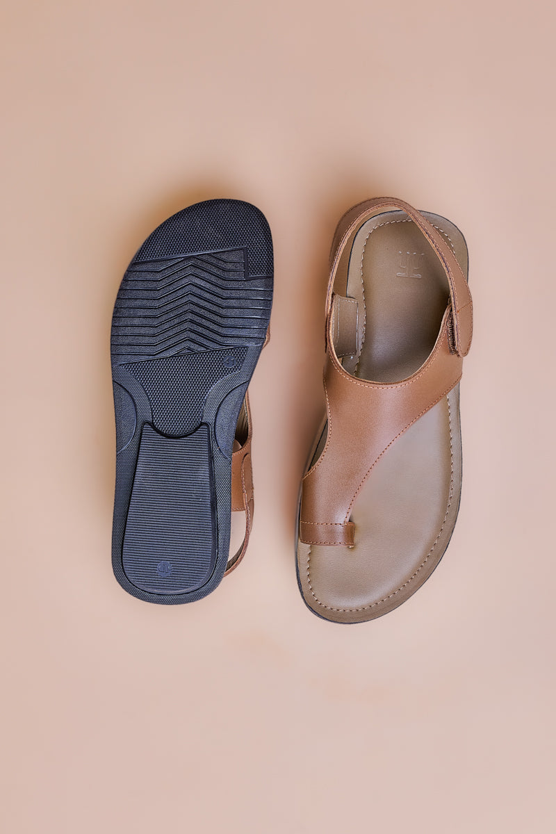 Tan Leather Chappal With Velcro Closure