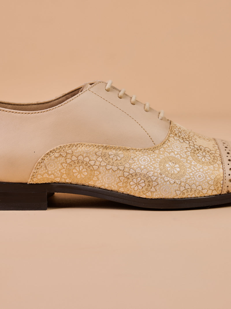 Beige Leather Brogue With Brocade Detailing