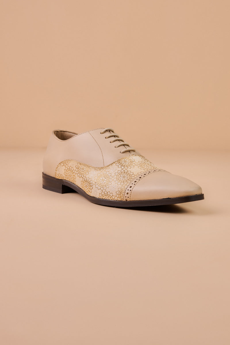 Beige Leather Brogue With Brocade Detailing