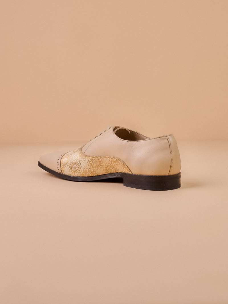 Beige Leather Brogue With Brocade Detailing