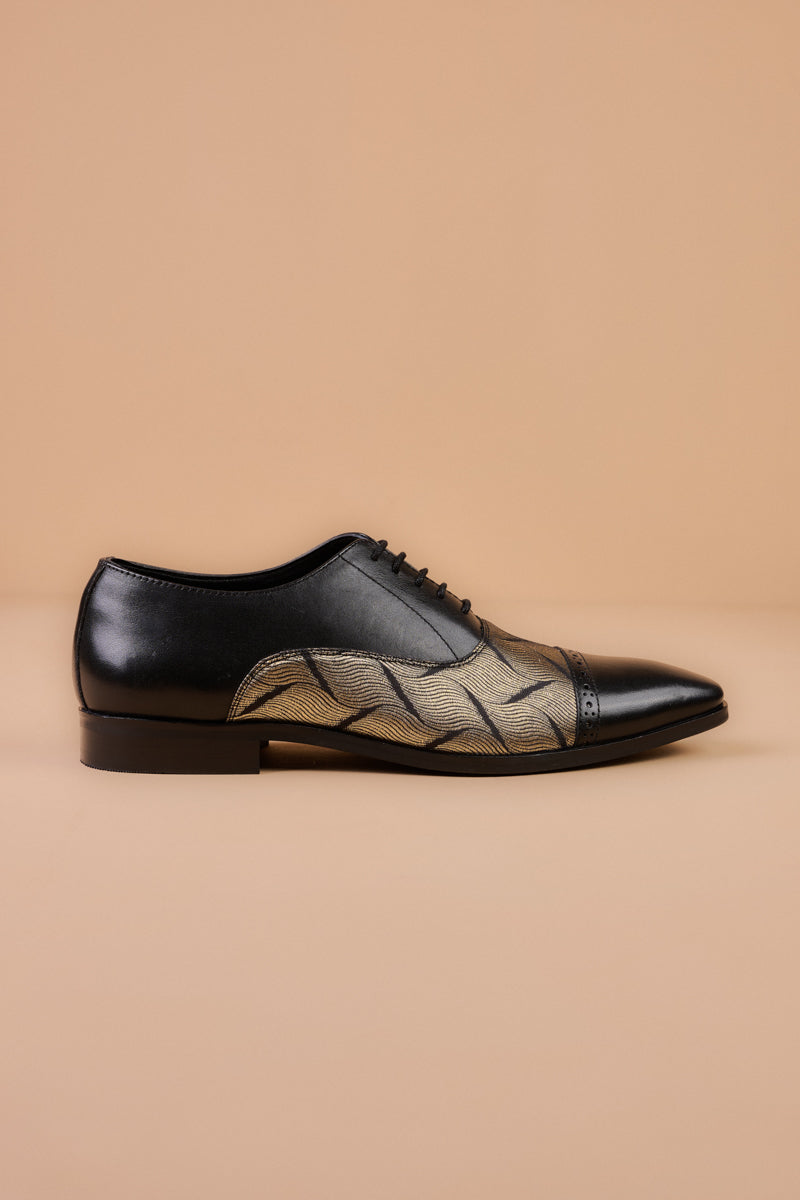 Black Leather Brogue With Brocade Detailing