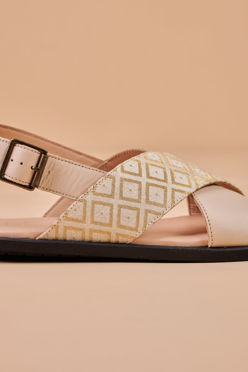 Beige Slingback Sandals With Brocade Detailing