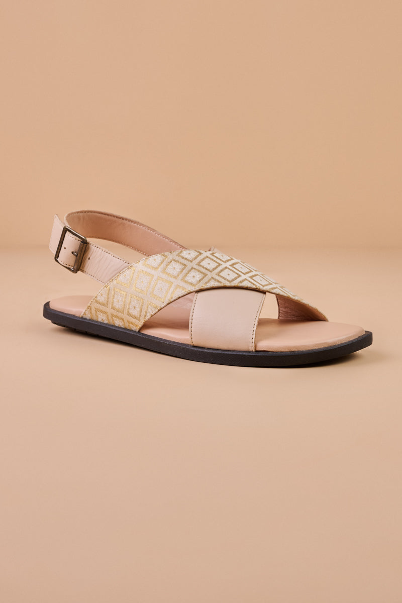 Beige Slingback Sandals With Brocade Detailing