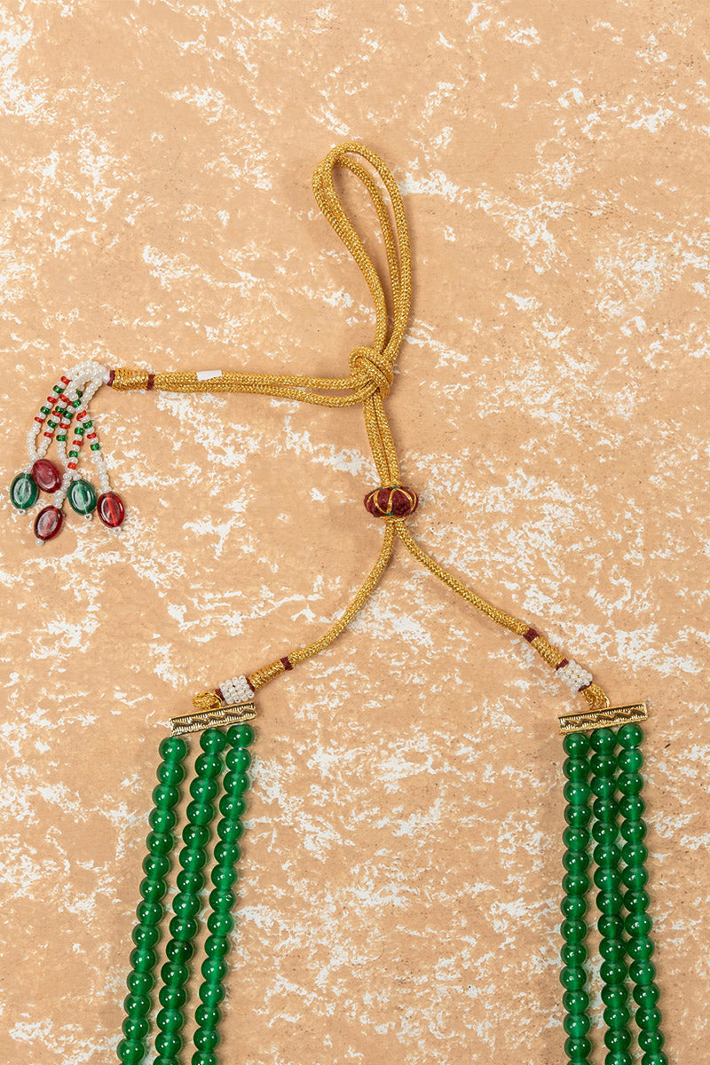 Dark Green Three Layered Kundan And Stone Mala