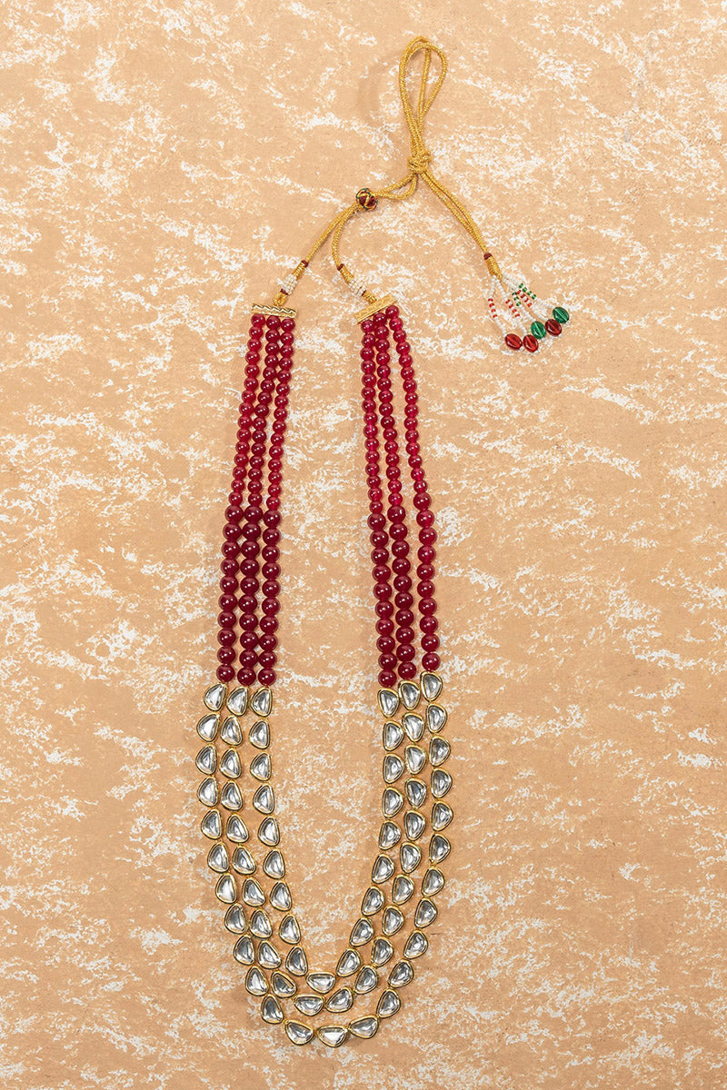 Maroon Three Layered Kundan And Stone Mala