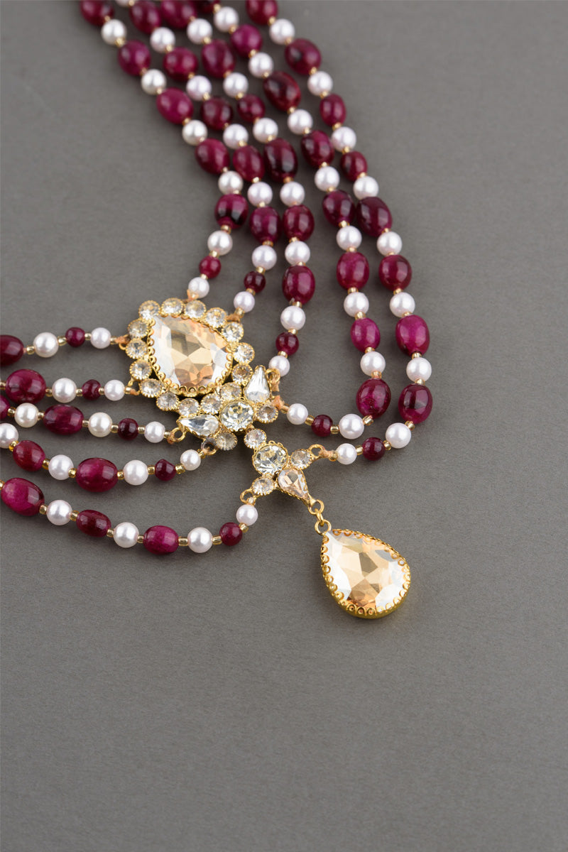 Maroon Six Layered Long Bead Mala With Crystal Drop