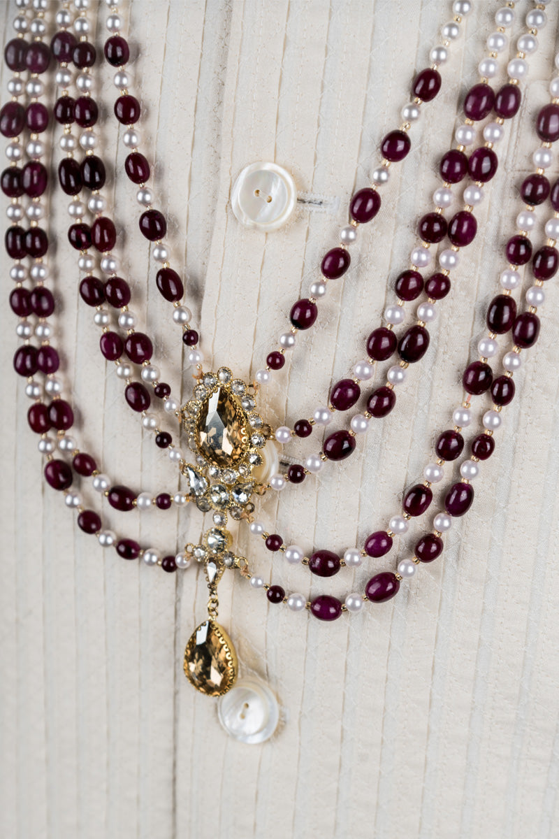 Maroon Six Layered Long Bead Mala With Crystal Drop