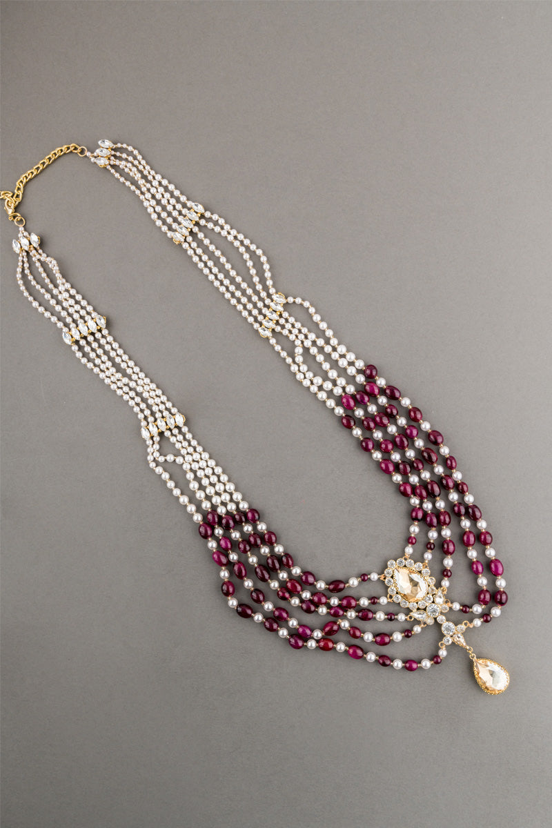 Maroon Six Layered Long Bead Mala With Crystal Drop