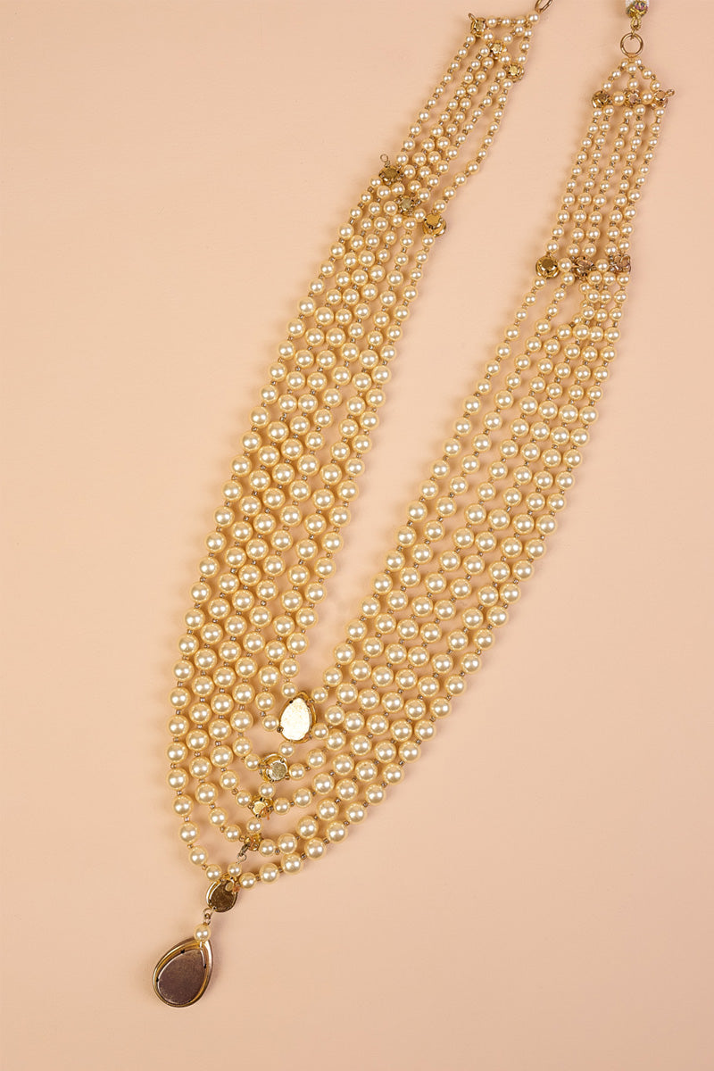 Gold Six Layered Gold Beads Mala With Centre Drop Crystal