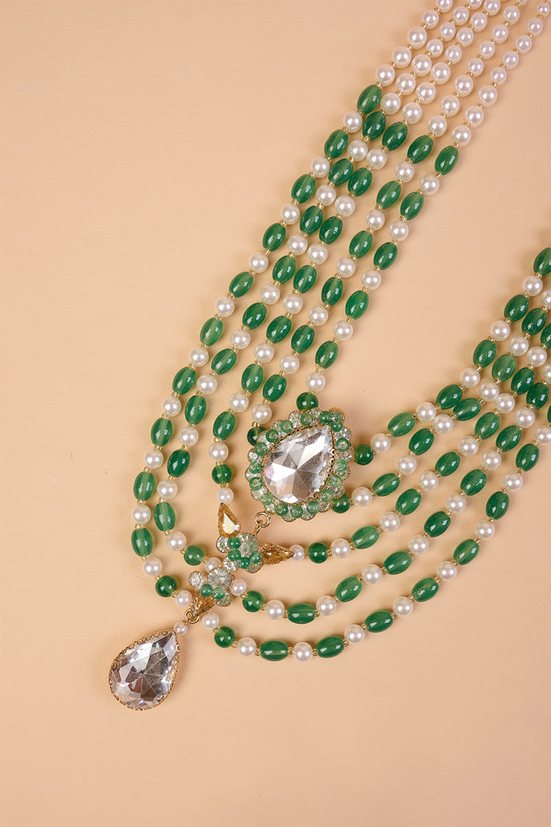 Green and White Five Layered Long Bead Mala With Crystal Drop