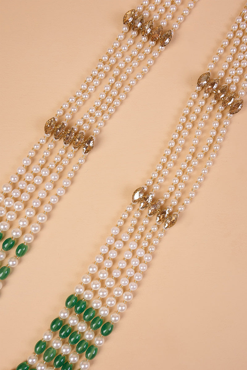 Green and White Five Layered Long Bead Mala With Crystal Drop