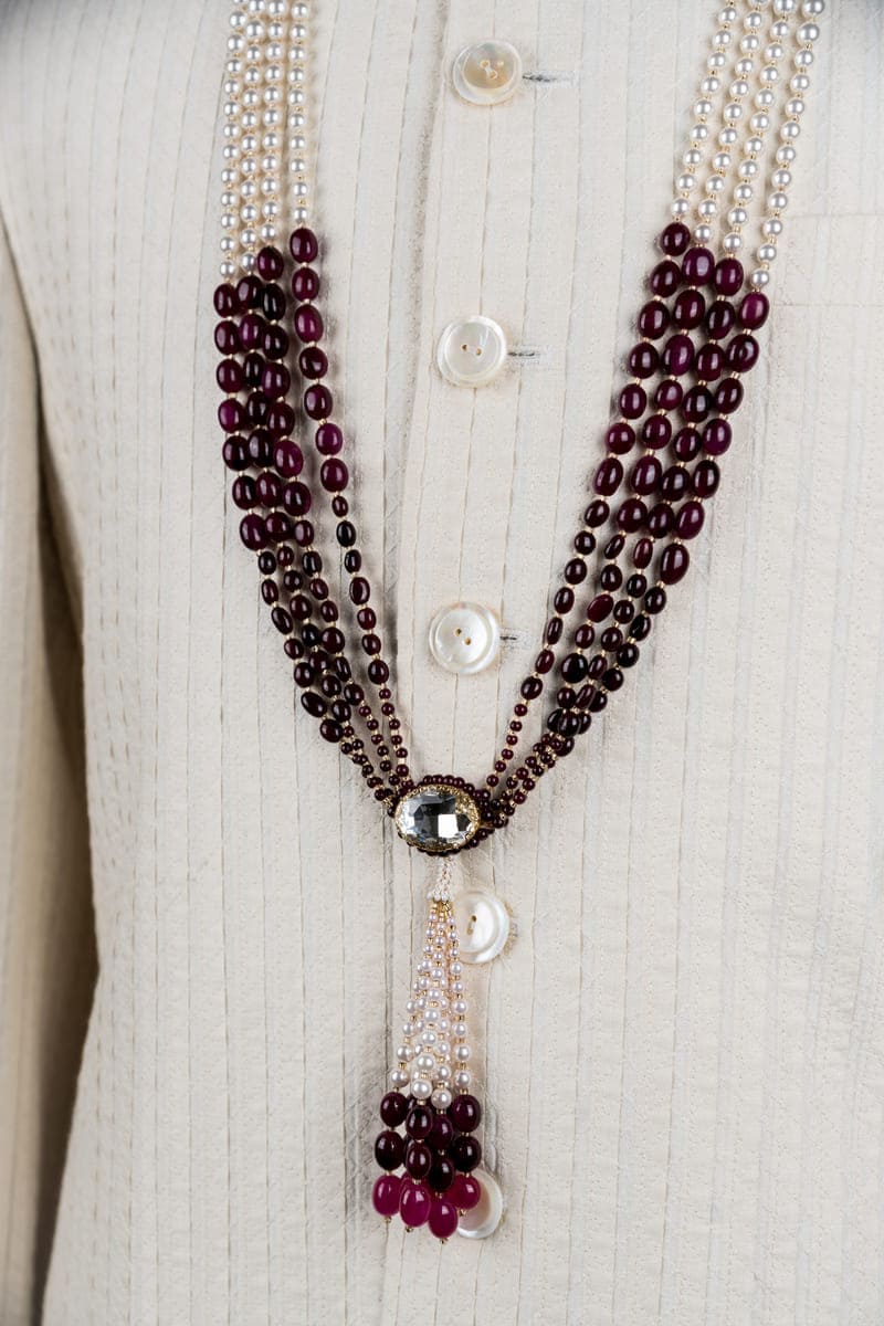 Maroon Four Layered Mala With Big Pearl Lead Drop