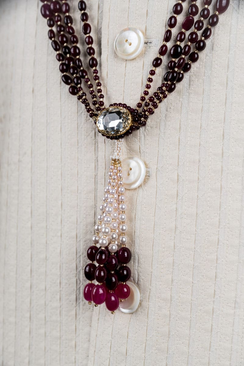 Maroon Four Layered Mala With Big Pearl Lead Drop