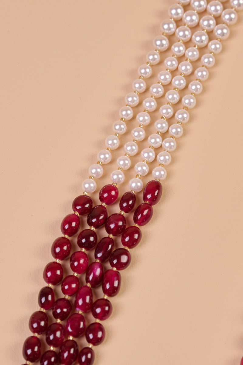 Maroon Four Layered Mala With Big Pearl Lead Drop