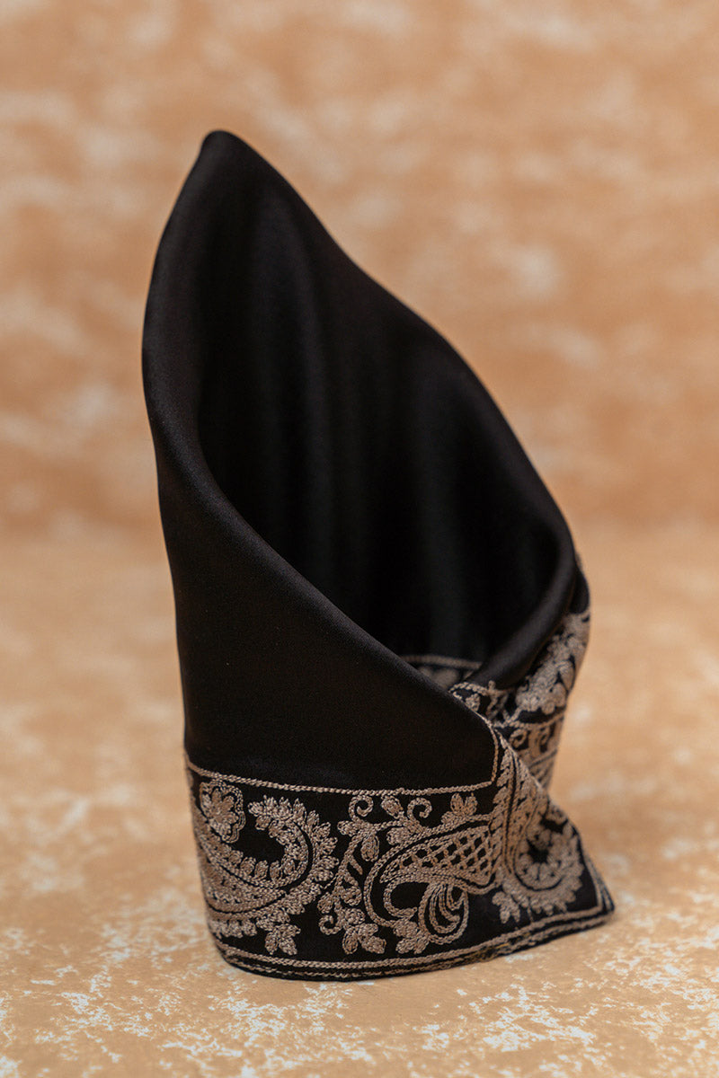 Black Pocket Square With Embroidered Border