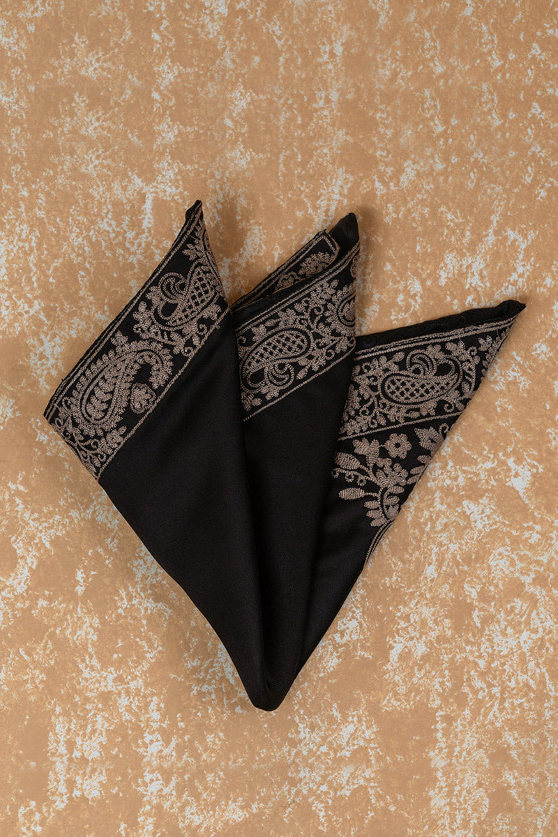 Black Pocket Square With Embroidered Border