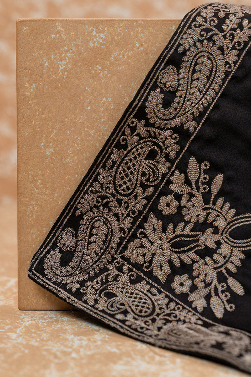 Black Pocket Square With Embroidered Border