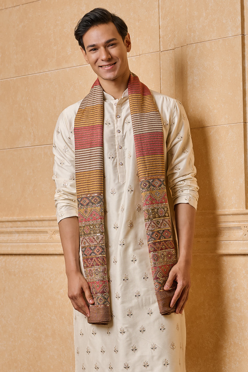 Brown Stripes Shawl With Embroidery Highlights